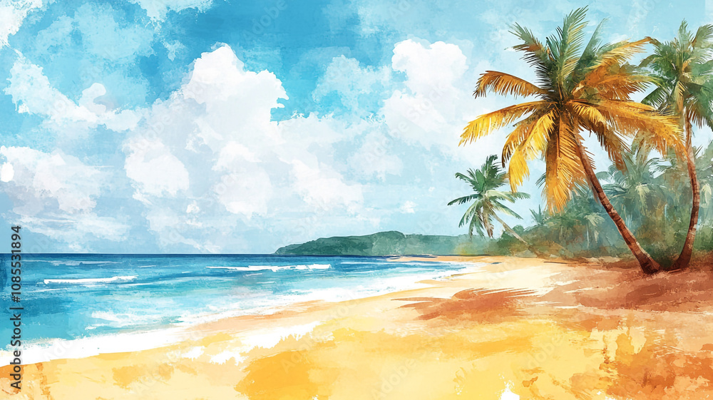 Fototapeta premium Beautiful tropical beach with palm trees and clear blue ocean on a sunny day