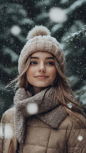 A young woman in winter clothing with a cozy knitted scarf and hat, surrounded by falling snow. photo