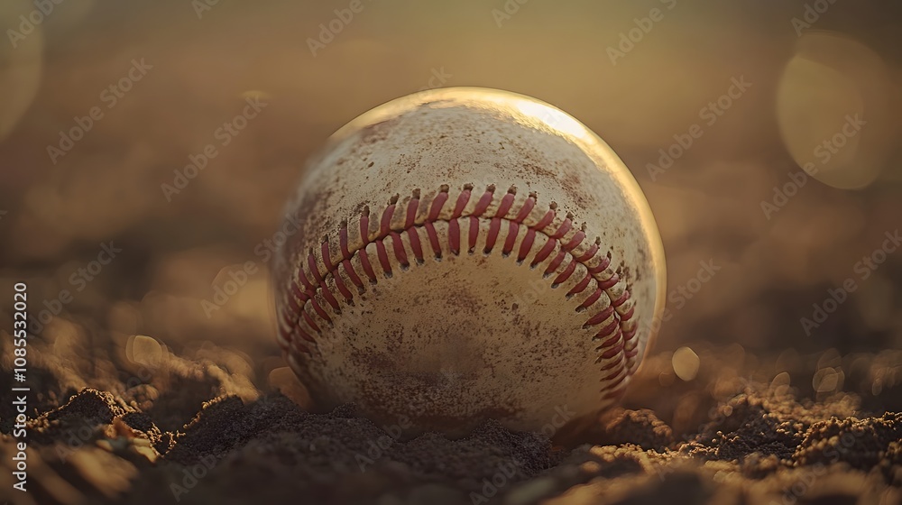 Close-up of worn leather baseball with red stitching on dirt ground, captured in golden hour light with blurred players background and dramatic atmosphere. Close-up of worn leather baseball with red stitching on dirt ground, captured in golden hour light with blurred players background and dramatic atmosphere.