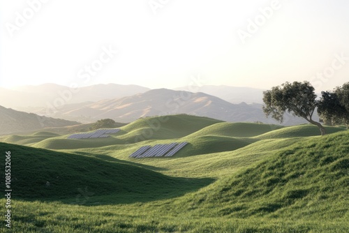 A serene landscape featuring rolling green hills and solar panels under a soft sunset.