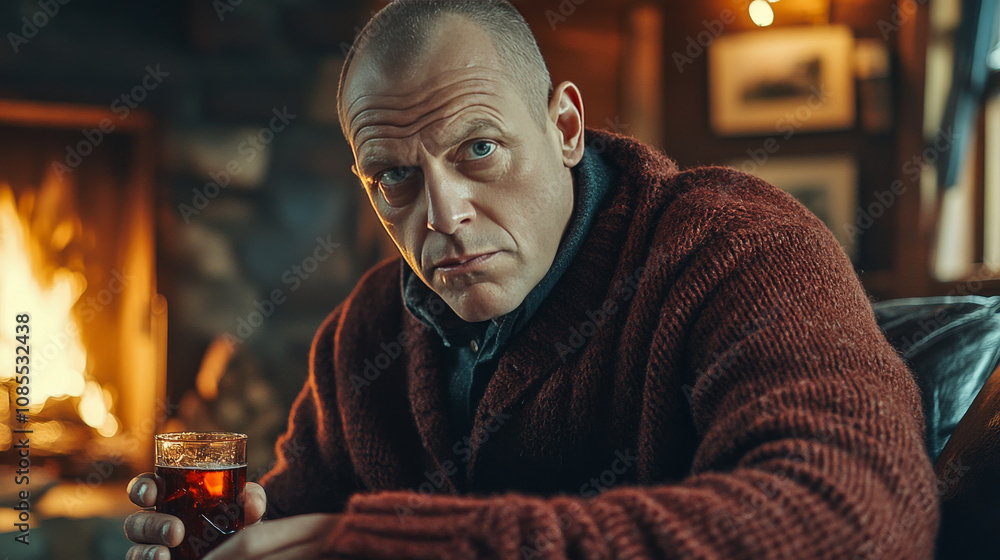 Fototapeta premium man in cozy sweater enjoys drink by fireplace in rustic cabin, creating warm and inviting atmosphere. setting exudes comfort and relaxation