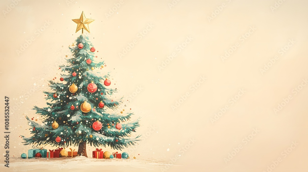 Whimsical cartoon Christmas tree illustration with colorful baubles and gold star, featuring vintage beige background and minimalist festive design style. Whimsical cartoon Christmas tree illustration with colorful baubles and gold star, featuring vintage beige background and minimalist festive design style.
