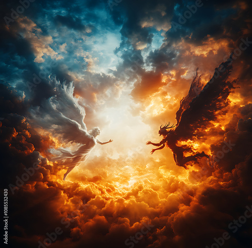 
A battle between an angel and the devil, the background depicts heaven on one side and hell on the other