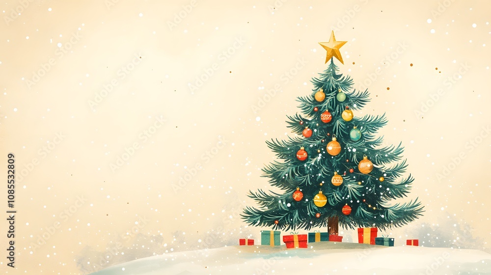 Whimsical cartoon Christmas tree illustration with colorful baubles and gold star, featuring vintage beige background and minimalist festive design style. Whimsical cartoon Christmas tree illustration with colorful baubles and gold star, featuring vintage beige background and minimalist festive design style.