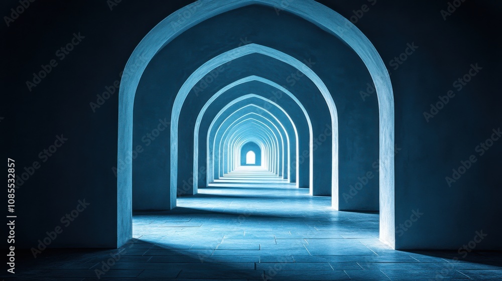 Ethereal Perspective of Arched Hallway with Soft Blue Lighting Creating a Calm and Serene Atmosphere in an Architectural Space Ethereal Perspective of Arched Hallway with Soft Blue Lighting Creating a Calm and Serene Atmosphere in an Architectural Space