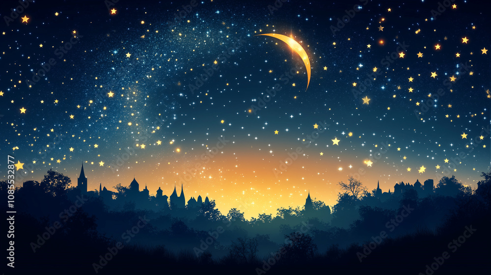 Moon and stars on night sky, Abstract Night Sky with Glowing Stars and Bokeh Lights Background Moon and stars on night sky, Abstract Night Sky with Glowing Stars and Bokeh Lights Background