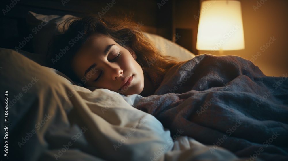 Person lying peacefully in bed under cozy blanket, eyes closed, with serene expression, promoting tranquility and good sleeping habits. Person lying peacefully in bed under cozy blanket, eyes closed, with serene expression, promoting tranquility and good sleeping habits.