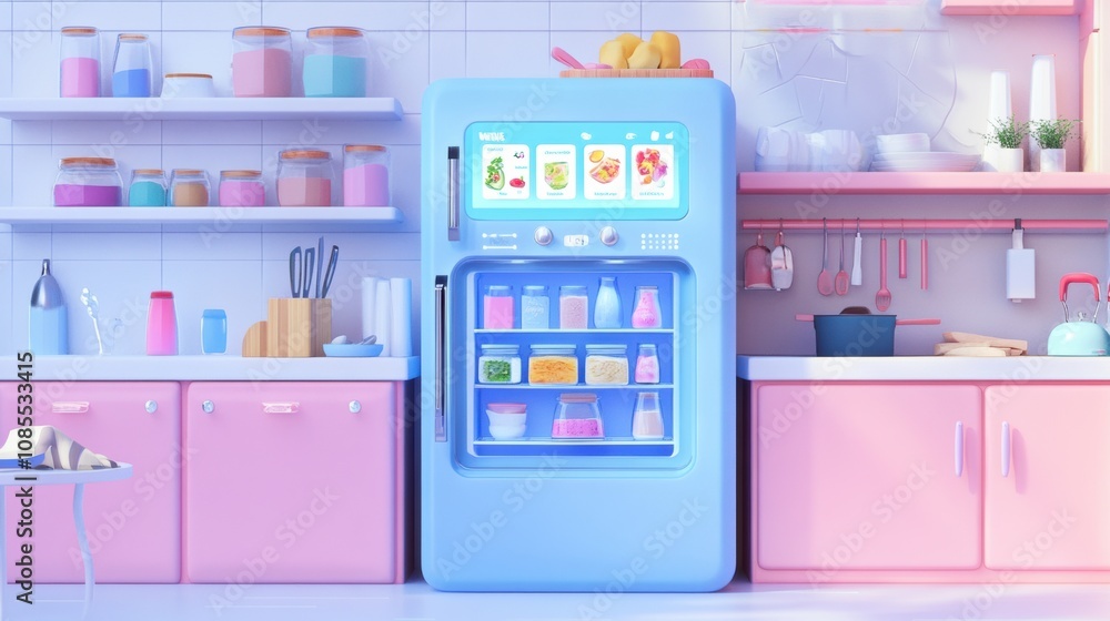 A Charming Kitchen Scene Featuring a Modern Blue Refrigerator Filled with Colorful Food Items in a Bright and Stylish Interior with Soft Pastel Colors A Charming Kitchen Scene Featuring a Modern Blue Refrigerator Filled with Colorful Food Items in a Bright and Stylish Interior with Soft Pastel Colors
