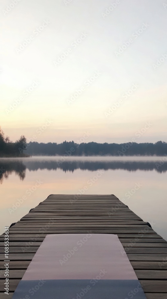 Obraz premium A serene lake view from a wooden dock at dawn, reflecting calm waters and soft colors.