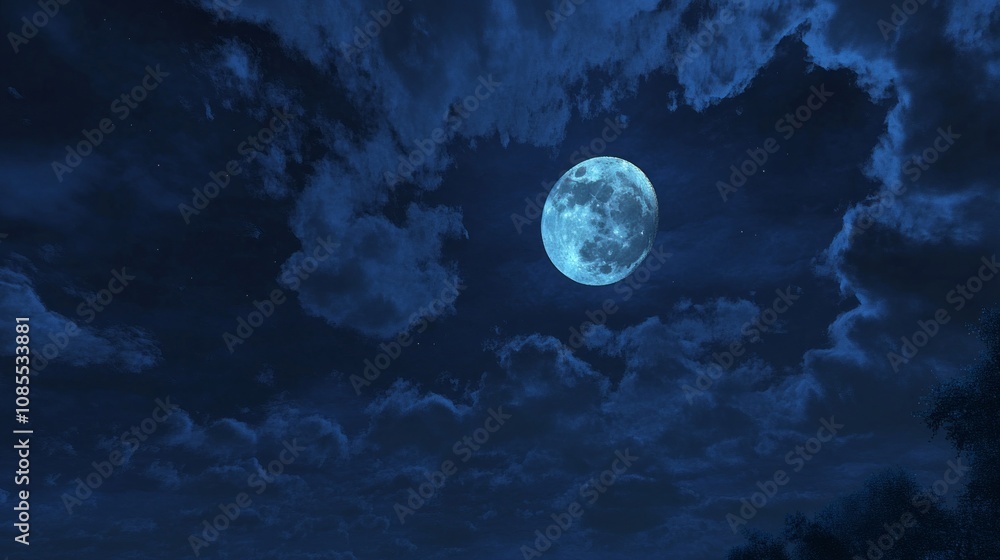 Fototapeta premium A large blue moon is shining brightly in the night sky