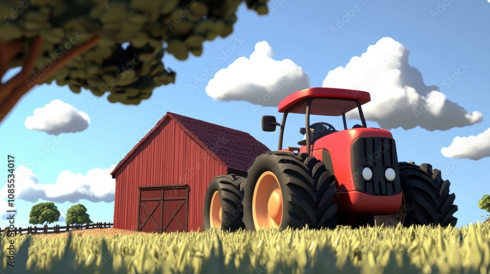 Fototapeta premium Colorful Cartoon Tractor and Barn in a Sunny Farm Landscape with Green Grass and Fluffy Clouds in a Clear Blue Sky, Perfect for Illustrating Agriculture and Rural Life Themes