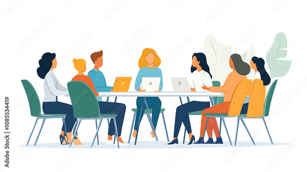 Woman in professional attire leading a discussion with a diverse team seated around a table Woman in professional attire leading a discussion with a diverse team seated around a table