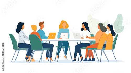 Woman in professional attire leading a discussion with a diverse team seated around a table 