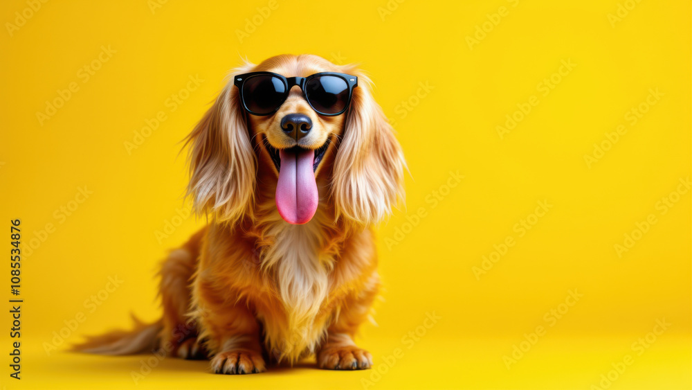 A joyful dachshund puppy wearing sunglasses with its tongue out. A joyful dachshund puppy wearing sunglasses with its tongue out.
