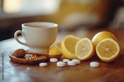 Tea with lemon, honey, and wellness tablets.