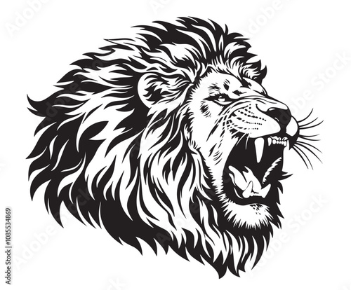 Roaring Lion: A black and white illustration of a powerful lion's head, roaring with intensity. The detailed lines capture the animal's raw energy and fierce spirit.  