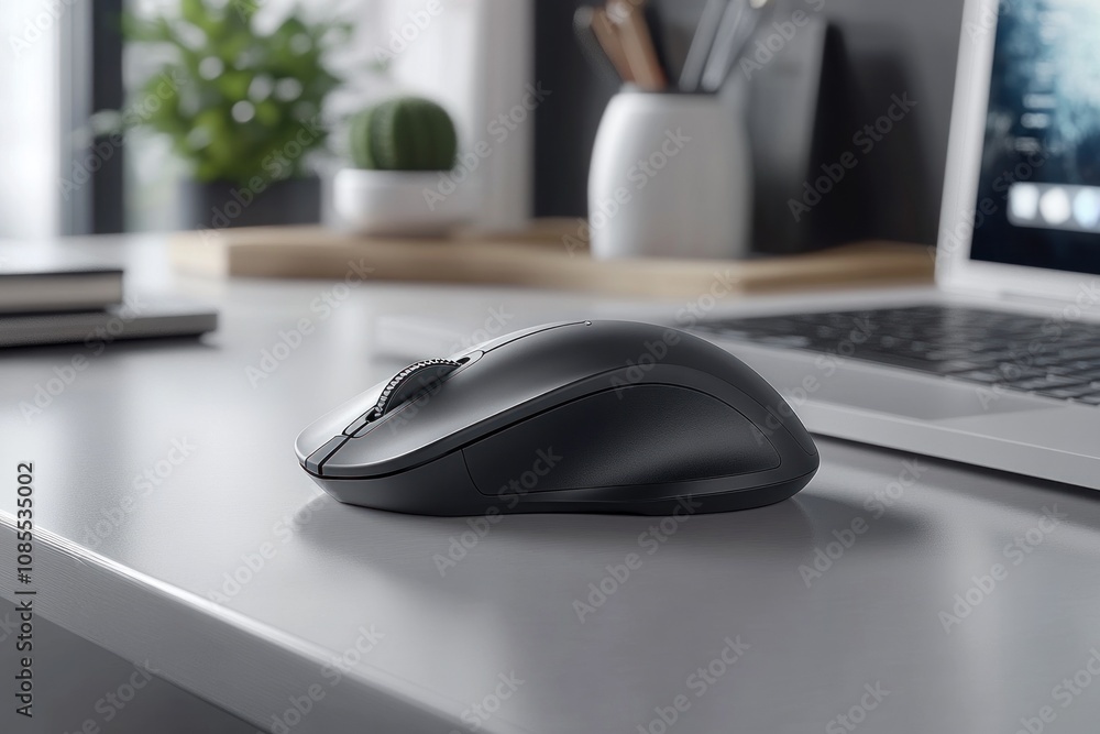 Computer mouse on a desk with laptop and plants. Computer mouse on a desk with laptop and plants.