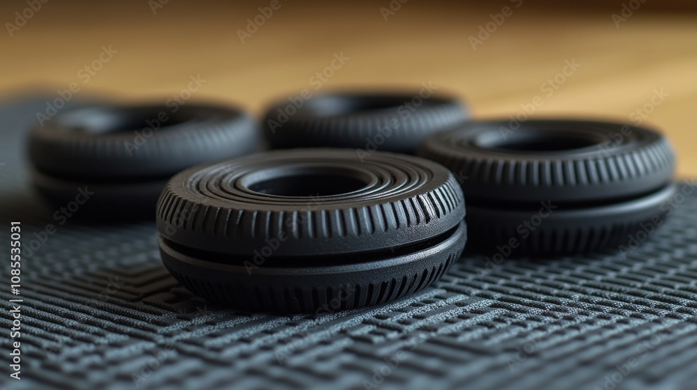 Four black rubber tires on a textured surface. Four black rubber tires on a textured surface.