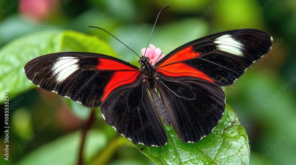 Close-Up of Vibrant Butterfly with Black Wings and Striking Red Patterns Perched on Leaf Amidst Lush Greenery in Natural Habitat Close-Up of Vibrant Butterfly with Black Wings and Striking Red Patterns Perched on Leaf Amidst Lush Greenery in Natural Habitat