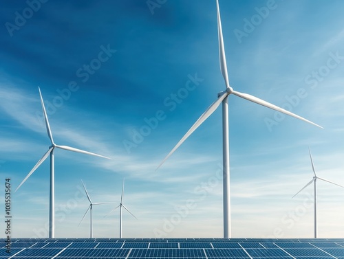 A panoramic view of wind turbines and solar panels under a clear blue sky, showcasing renewable energy and sustainability.