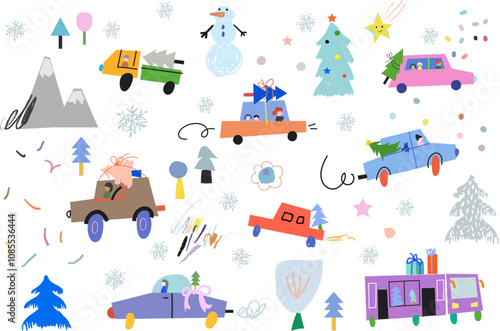 New year background. Christmas landscape. Vector cute cartoon pattern.