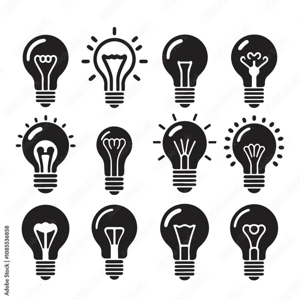 Bulb silhouette set. Electric bulb icon set. Light bulb collection vector design. Bulb logo black on white background. Bulb silhouette set. Electric bulb icon set. Light bulb collection vector design. Bulb logo black on white background.