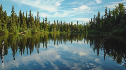 Serene Reflection in a Tranquil Forest Lake