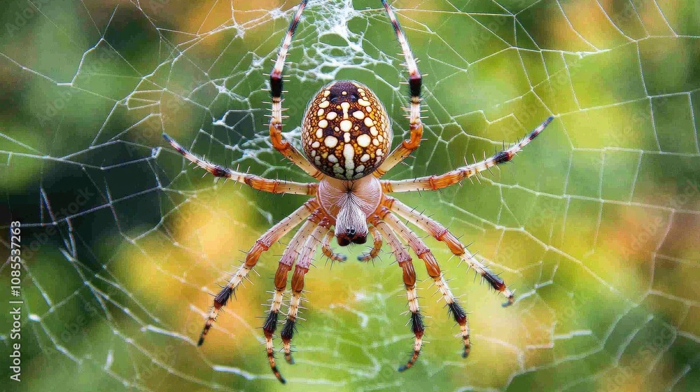 Close-Up View of a Colorful Spider Creating Intricate Web in a Natural Outdoor Environment During Daytime with Vibrant Background of Blurry Greenery Close-Up View of a Colorful Spider Creating Intricate Web in a Natural Outdoor Environment During Daytime with Vibrant Background of Blurry Greenery