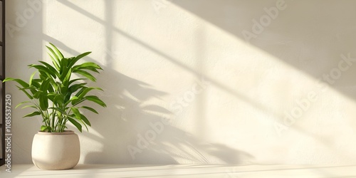 A serene indoor scene featuring a potted plant with soft sunlight casting shadows on a neutral wall.