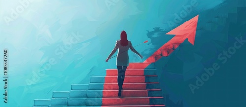 Woman walking up stairs toward success