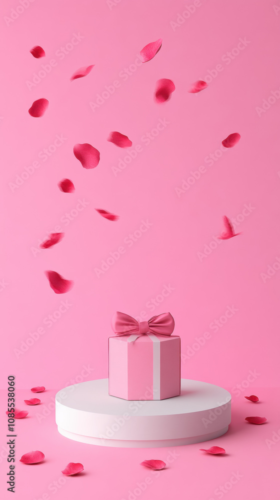Valentine's Day. Mockup, abstract pink and white background with an empty circular podium for product presentation, a gift box with a bow, and falling rose petals flying in the air Valentine's Day. Mockup, abstract pink and white background with an empty circular podium for product presentation, a gift box with a bow, and falling rose petals flying in the air