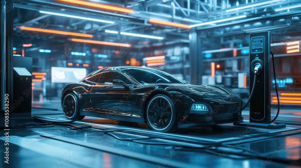 Electric car plugged into a charging station in a high-tech industrial area. Charging progress displayed on the station.