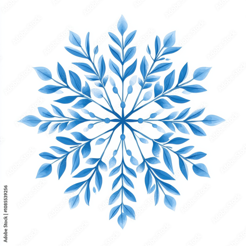 Beautiful blue snowflake design with intricate leaf patterns, perfect for winter decorations and seasonal themes. This illustration captures essence of winter beauty