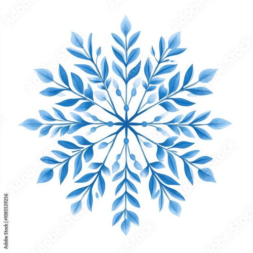 Beautiful blue snowflake design with intricate leaf patterns, perfect for winter decorations and seasonal themes. This illustration captures essence of winter beauty