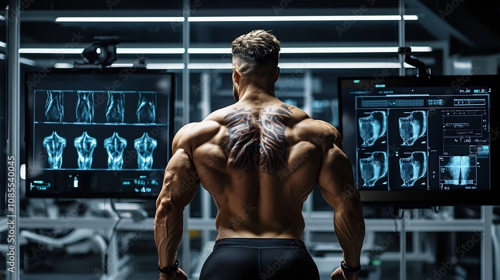 Bodybuilder Undergoing Advanced Fitness Analysis in High Tech Lab Bodybuilder Undergoing Advanced Fitness Analysis in High Tech Lab