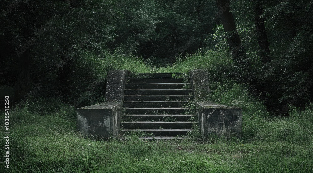 stone steps in the green forest, with lush trees and thick grass growing on both sides stone steps in the green forest, with lush trees and thick grass growing on both sides