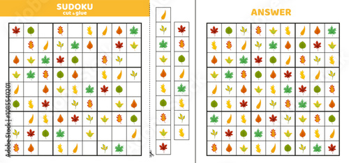 Hard sudoku with nine autumn leaves. Game puzzle for little kids. Cut and glue. Cartoon