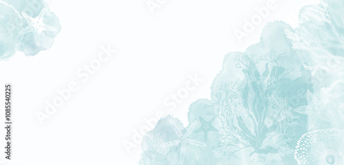 Art sea background vector with space for text. Luxury design with seaweed, corals, starfish and  watercolor splash. Template design for text, packaging, prints, layout decorative greeting card 