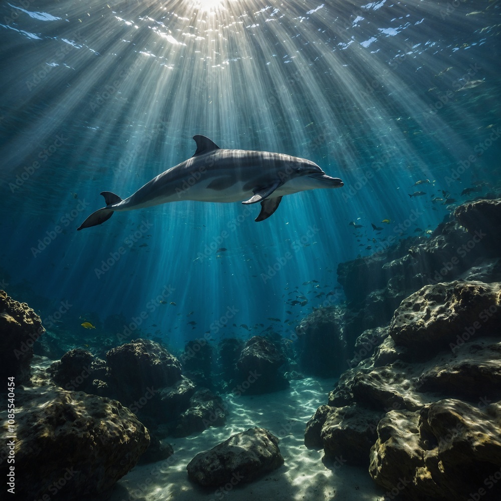 A dolphin in an underwater cave, lit by beams of sunlight piercing through the surface. A dolphin in an underwater cave, lit by beams of sunlight piercing through the surface.