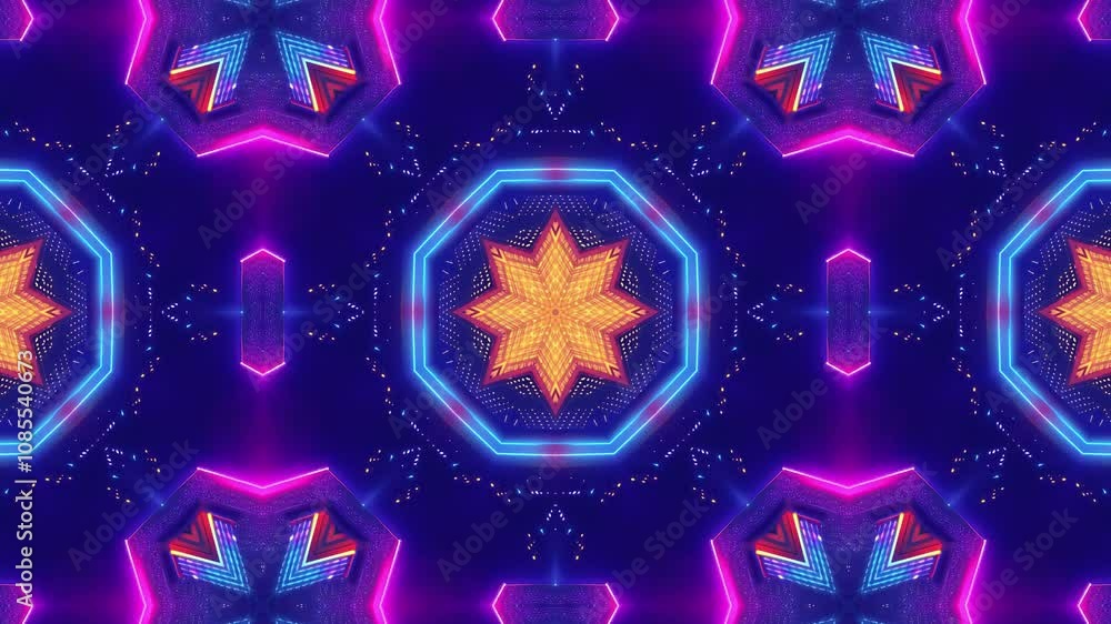 A vibrant kaleidoscopic pattern featuring illuminated buildings and geometric shapes. A vibrant kaleidoscopic pattern featuring illuminated buildings and geometric shapes.