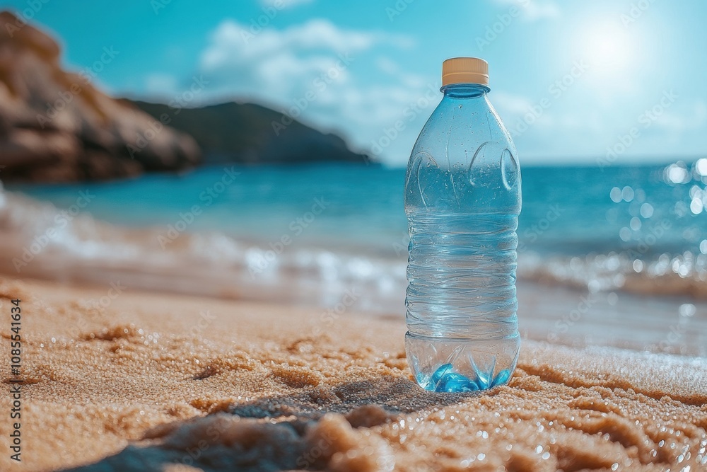 A single plastic water bottle rests on sandy shores with turquoise ocean waves in the background, symbolizing plastic pollution in natural environments. A single plastic water bottle rests on sandy shores with turquoise ocean waves in the background, symbolizing plastic pollution in natural environments.