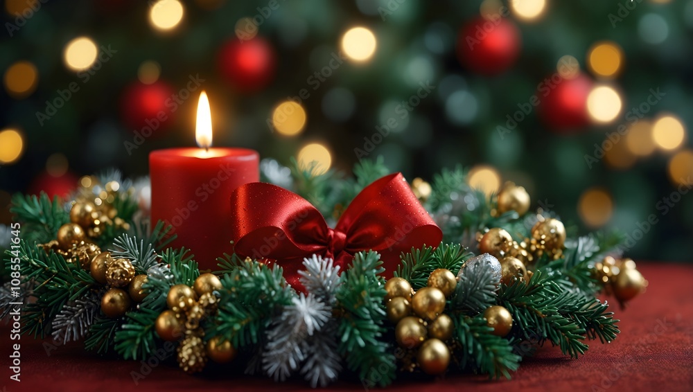A red candle sits in a Christmas wreath of greenery, gold berries, and a red ribbon bow. Blurred lights and a Christmas tree are in the background.
A red candle sits in a Christmas wreath of greenery, gold berries, and a red ribbon bow. Blurred lights and a Christmas tree are in the background.