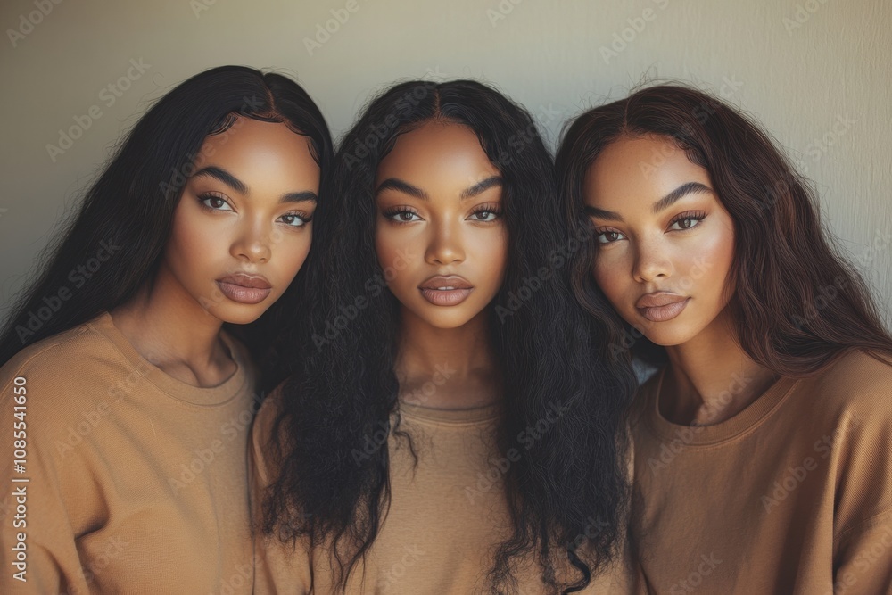 Three beautiful women with different hairstyles and natural makeup pose together in soft natural light, showcasing diversity and elegance. Three beautiful women with different hairstyles and natural makeup pose together in soft natural light, showcasing diversity and elegance.
