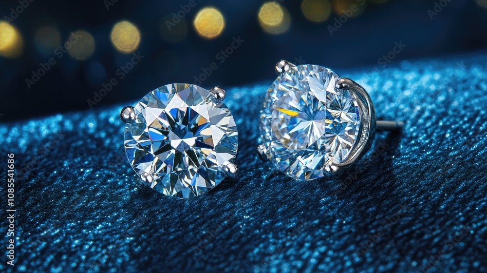 Fototapeta premium Exquisite Close-Up of Sparkling Round Cut Diamond Earrings Displayed Against a Shimmering Blue Background with Bokeh Lights for Luxury Jewelry Photography