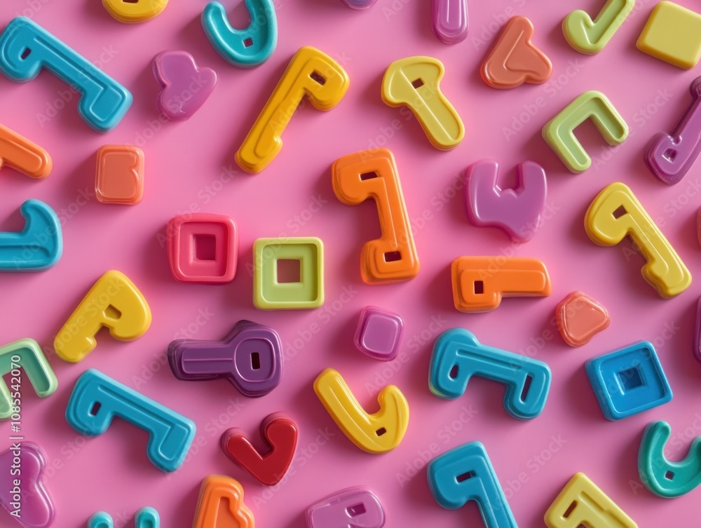 Fototapeta premium Colorful plastic letters and numbers scattered on a pink background for educational play.