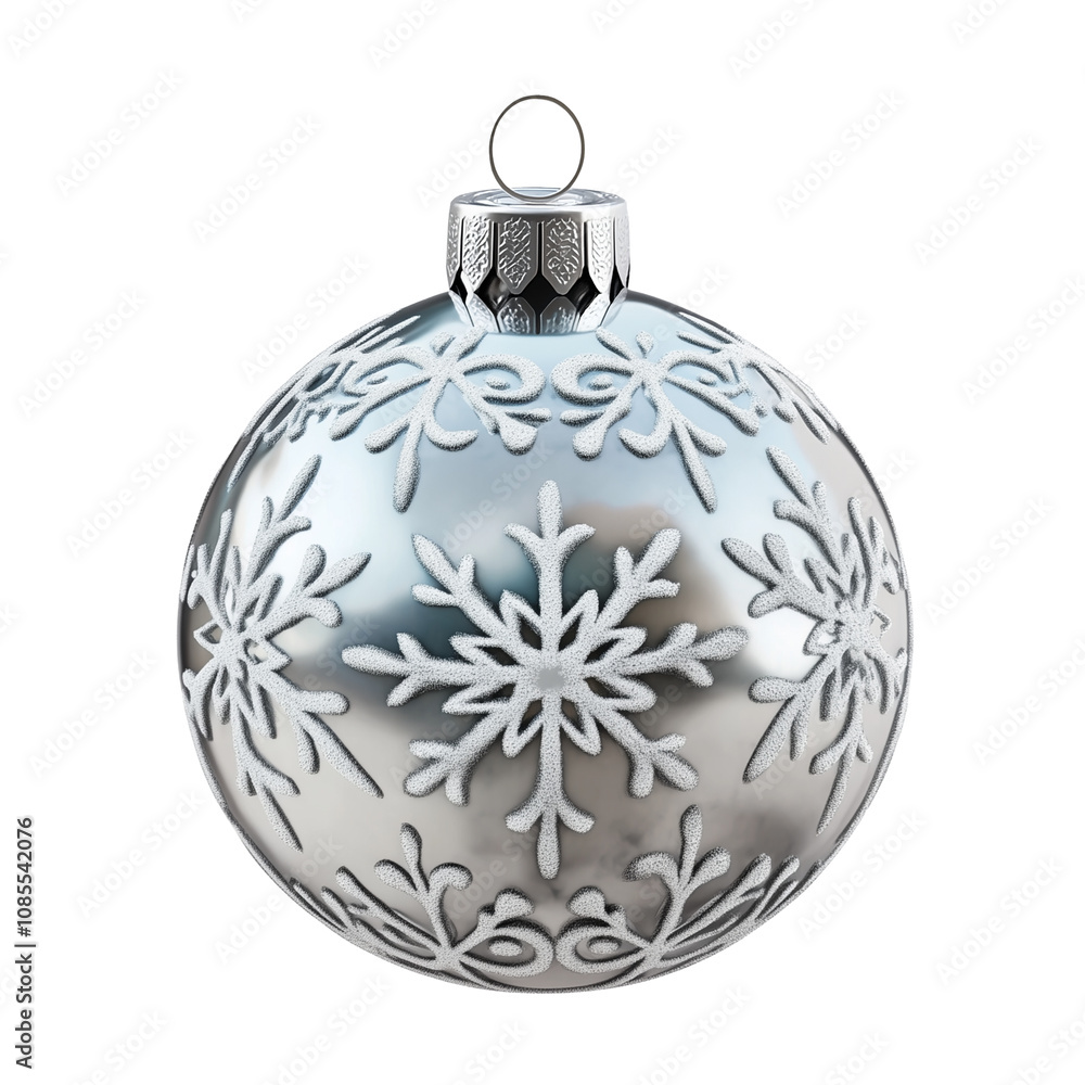 Silver Christmas ornament with frosted snowflake design and intricate details isolated on transparent background, png Silver Christmas ornament with frosted snowflake design and intricate details isolated on transparent background, png