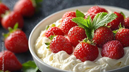 Macro shot of fresh strawberries nestled in cream cheese, showcasing ripe red berries against smooth dairy background with fresh green leaves and gourmet presentation.