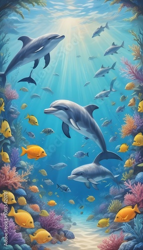 Photo a cartoon scene of a tropical sea with a dolphin and fish