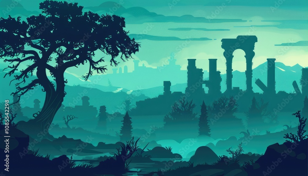 Silhouette of Ancient Ruins in a Mystical Forest Silhouette of Ancient Ruins in a Mystical Forest