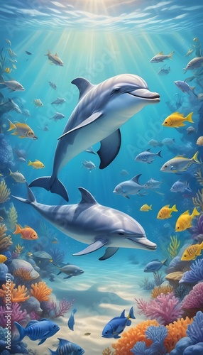 Photo a cartoon scene of a tropical sea with a dolphin and fish